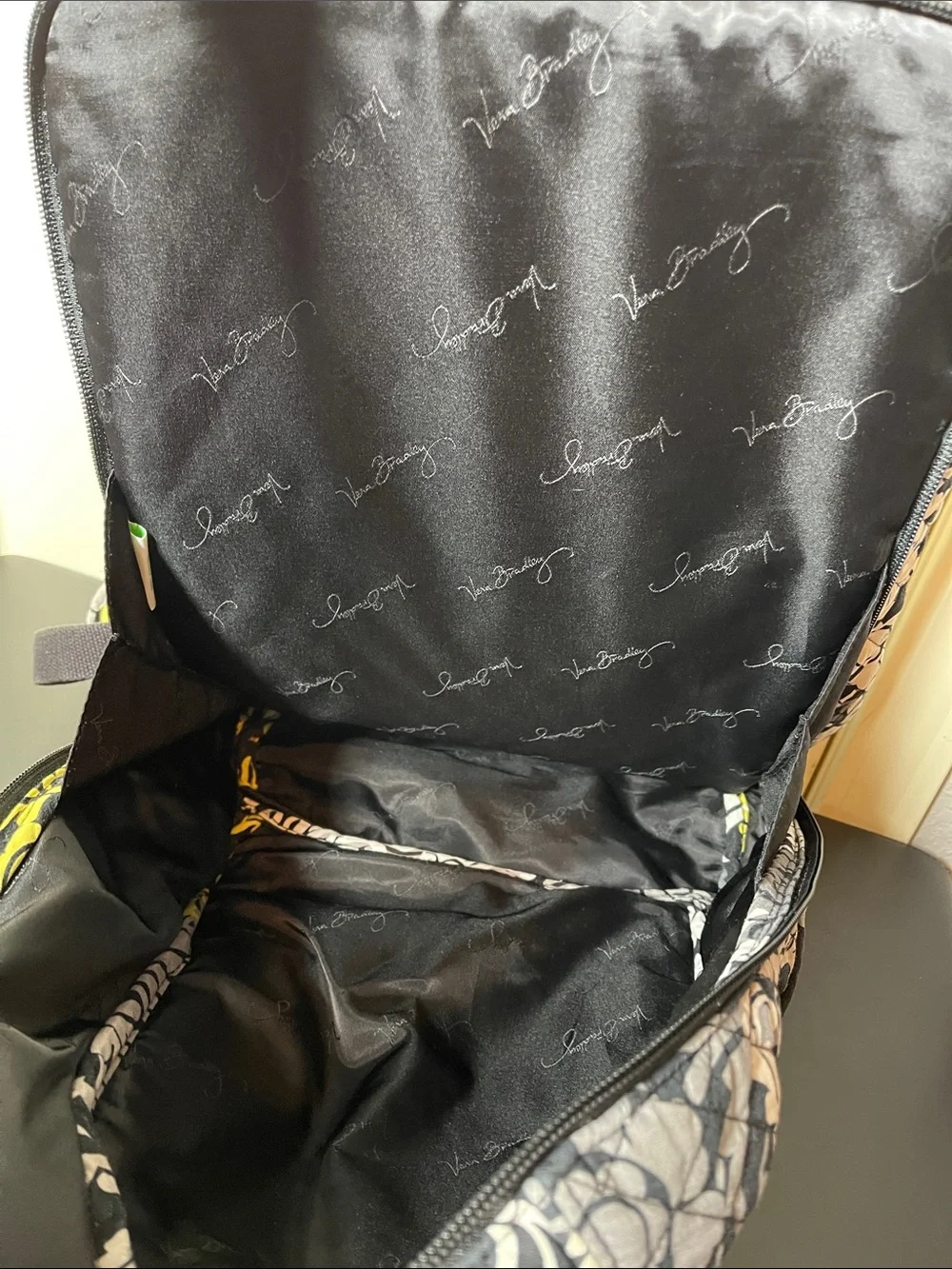 Vera Bradley Black Travel Backpack with Yellow, Gray & Cream Floral Print